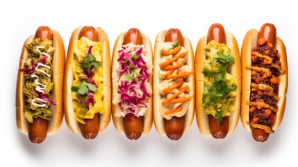 Image of hot dogs with various fillings on a white background.