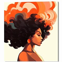 Modern Cartoon Illustration of Female with big Afro,  Orange Earrings and Orange Swirls in the background