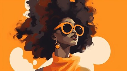 Illustration of a Female with Afro wearing orange glasses and earrings on a Orange Background