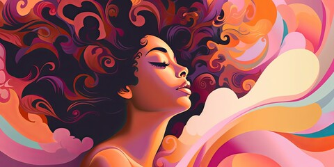 Sexy African American Female and Her Beautiful Afro Against Swirly Colorful Background - obrazy, fototapety, plakaty