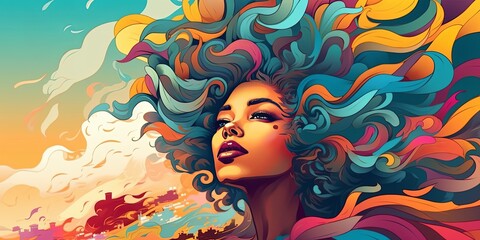 Illustration of a Female with Blue and Orange Curly Hair  with Sunset Sky Background