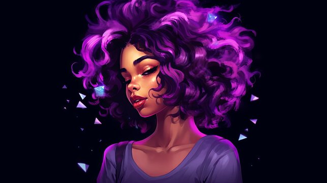 Sexy African American Female and Her Beautiful Purple Hair Against Black Background
