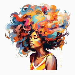 Sexy African American Female and Her Big Amazing Colorful Afro on White Background