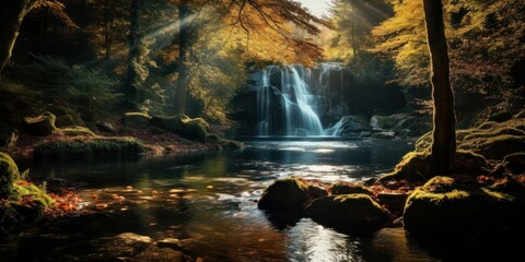 Beautiful Waterfall in a Forest in Autumn. Fall Season Landscape. Generative AI illustration. 