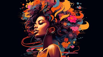 Illustration of African American Female with Curly Colorful Hair Against Black Background, Listening to Music - obrazy, fototapety, plakaty