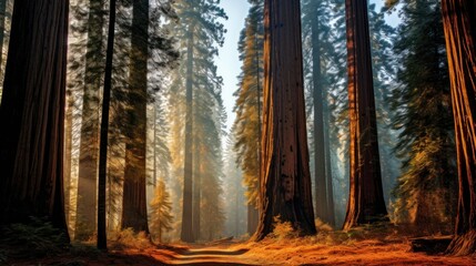 Beautiful Sequoia Forest in Autumn. Fall Season Landscape. Generative AI illustration. 