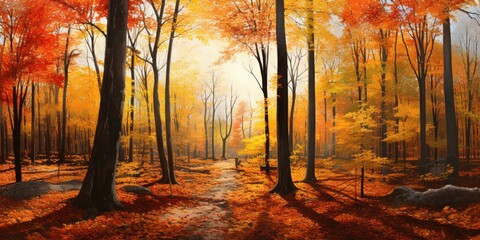 Beautiful Forest in Autumn. Fall Season Landscape. Generative AI illustration. 