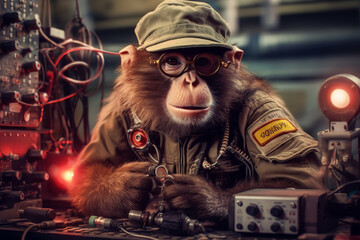 Fototapeta na wymiar Monkey with glasses is a service electrician, electronics repair, engineer. laboratory equipment in the background.