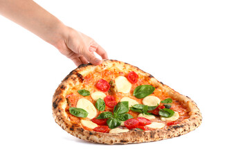 Woman with tasty pizza Margarita on white background