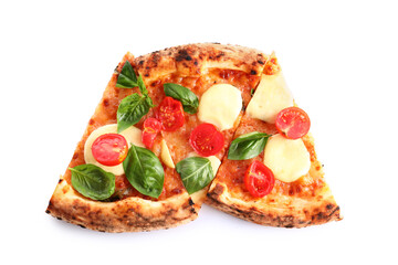 Slices of tasty pizza Margarita on white background