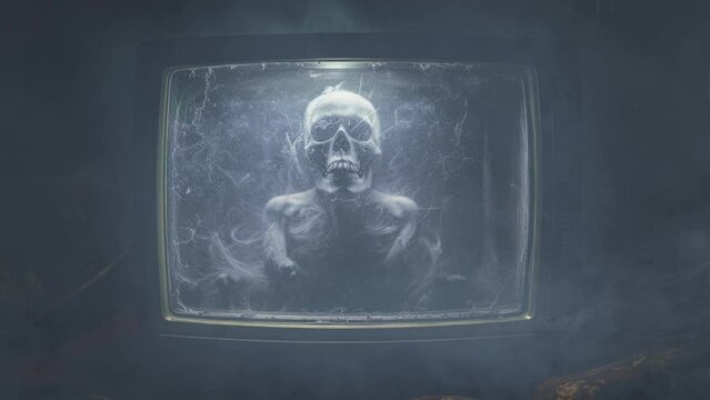 Horror movie concept, a skull comes out of an old analog TV with interference and noise
