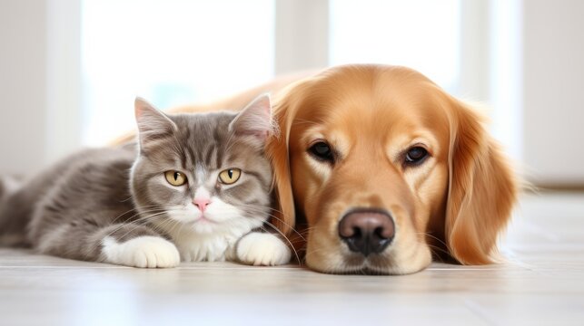 Photo of a dog and a cat peacefully coexisting on the floor