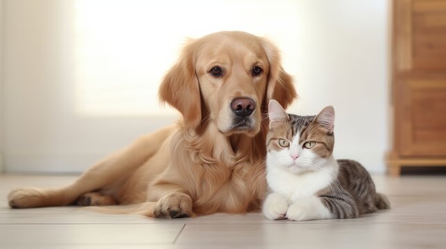 Photo of a dog and a cat sitting together on the floor