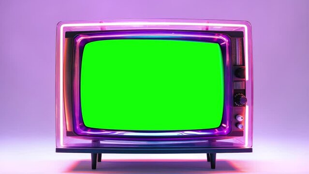An antiquated television with blinking neon which frame a slightly muted analog display. Blank green screen. Template, copy space