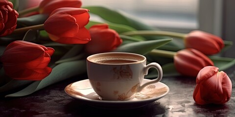 Fototapeta na wymiar Red tulip flower on top of coffee cup, love coffee concept, romantic dreamy still life