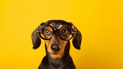 Photo of a dachshund dog wearing glasses on a yellow background