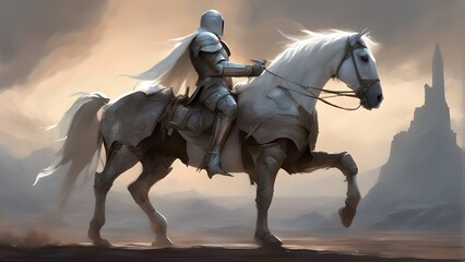 A Medieval gentleman knight with white horse, in a desert in high resolution, 4k, 8k, made with Generative AI