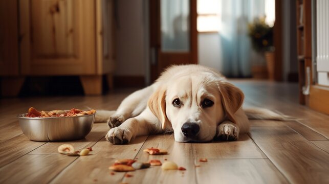 Photo of a dog next to a bowl of food on the floor