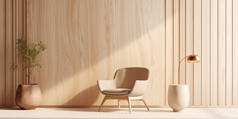 Room interior mock up in beige tones with wooden chair and wood panel - obrazy, fototapety, plakaty