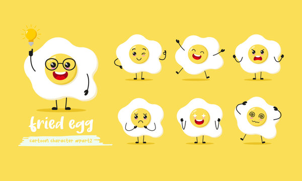cute fried egg cartoon with many expressions. food different activity pose vector illustration flat design set.