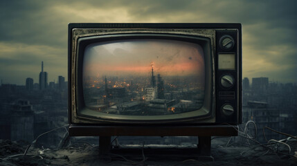 An archaic television with blurring images of a dystopian skyline Old Analog TV