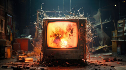 A broken disheveled television with sparks and circuits jutting out Old Analog TV