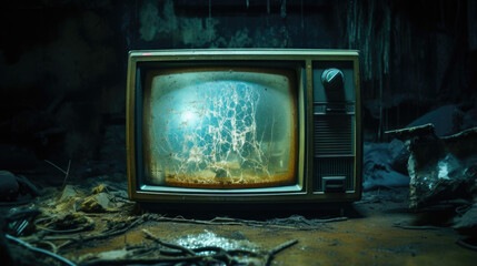 An old TV bogged down by years of misuse with a battered frame of black plastic. A faint haze of static radiates from the screen filling the room with a slight hum. Old Analog TV