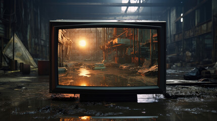 A huge tank of a television made of thick plastic and metal and sitting on four legs it looms over an open warehouse. The brown bezel frames a heavily distorted analog Old Analog TV