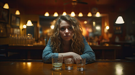 Young alcoholic Caucasian woman sitting alone at a bar, concept of alcoholism/alcohol addiction - obrazy, fototapety, plakaty