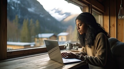 Young black woman working on her laptop in a remote mountain village, concept of living as a digital nomad and entrepreneurship - obrazy, fototapety, plakaty