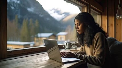 Foto auf Acrylglas Heringsdorf, Deutschland Young black woman working on her laptop in a remote mountain village, concept of living as a digital nomad and entrepreneurship