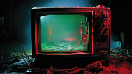 A decrepit TV emitting a faint neon glow of reds and greens as mysterious characters flicker across the screen. Old Analog TV