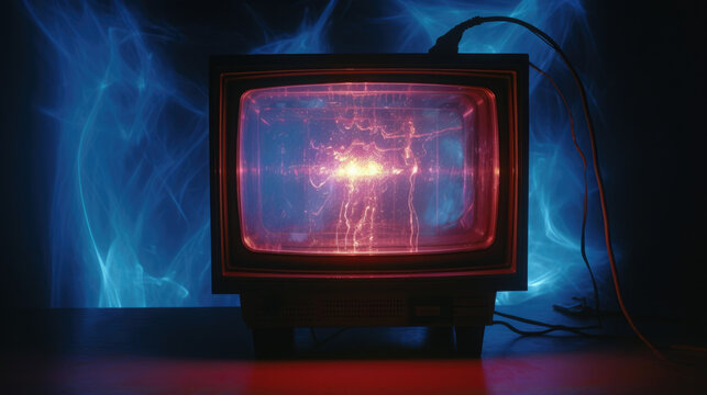An old magnetized CRT television sitting atop a steel pedestal plugged into a generator for power. The face of the television is an array of blinking LED lights pulsating Old Analog TV