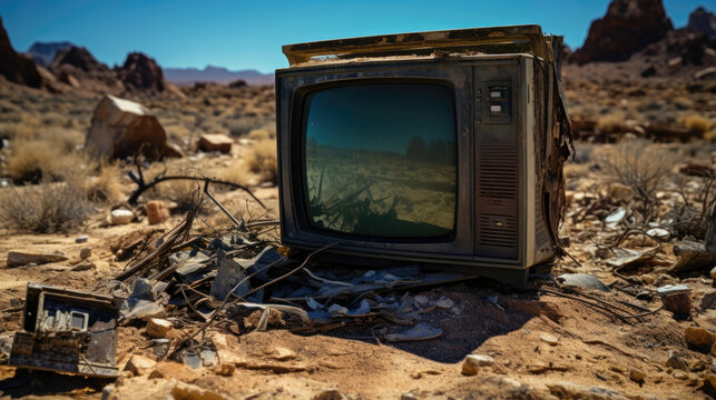 An old CRT television sitting atop a bed of sticks and twigs covered in a layer of dust and grime from a long desert journey. The black bezel has a layer of dried Analog TV