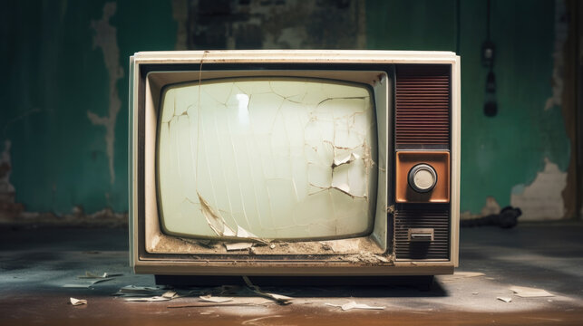 An archaic CRT television with a white and black bezel framing an analog screen. The distortion from the broken capacitor at the back of the television makes it vibrate Old Analog TV