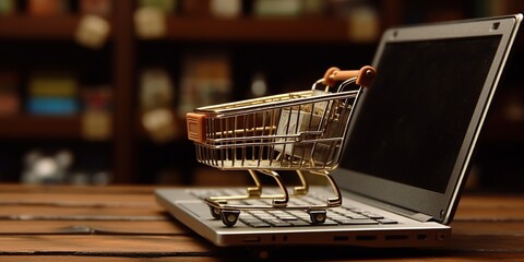 Shopping cart sits on a desk next to a laptop.