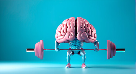 Human brain lifting weights for mind training memory health and alzheimer's prevention concept - obrazy, fototapety, plakaty