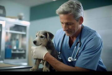 Portrait of senior male veterinarian examining puppy in clinic. Focus on dog