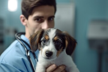 Portrait of a cute puppy with a stethoscope in the hands of a veterinarian