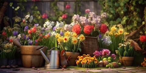Spring flowers with the gardening tools in the garden. AI generated.