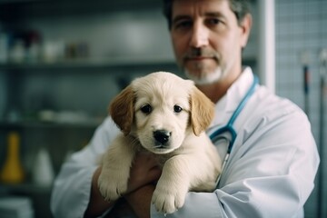Portrait of a veterinarian with a puppy in his arms. Focus on the dog.