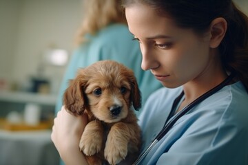 Veterinarian holding a puppy in her arms. Pet care concept