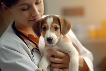 Close up of female veterinarian with cute puppy at clinic. Pet care concept