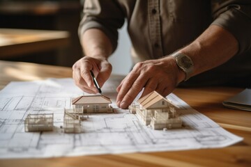 Architect working on blueprint at table in office, closeup. Construction concept