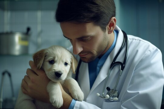 Veterinarian examining golden retriever puppy with stethoscope in clinic