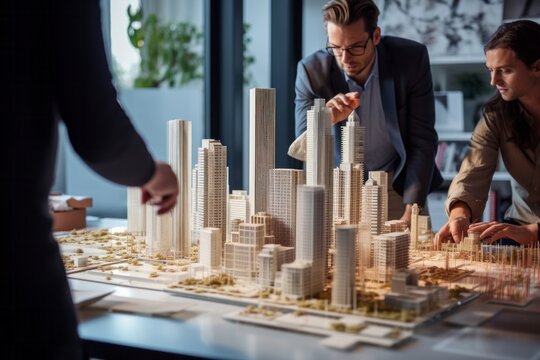 Low Angle View Of Business People Examining Model Of Building On Table In Office