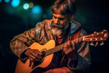 Obraz premium Portrait of an old man playing guitar in a night club.