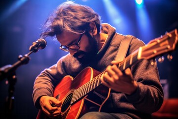 Obraz premium Guitarist playing acoustic guitar on stage with lights and smoke.
