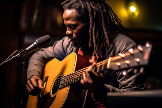 African american man with dreadlocks playing guitar in recording studio.