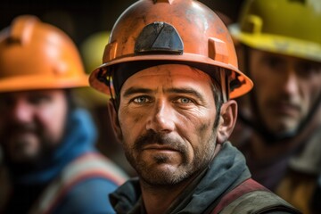 Portrait of a miner in a hard hat in a coal mine